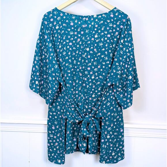 Molly & Isadora Kara Tie-Front Kimono Sleeve Tunic Top in Teal Floral Print 2X - Picture 3 of 10